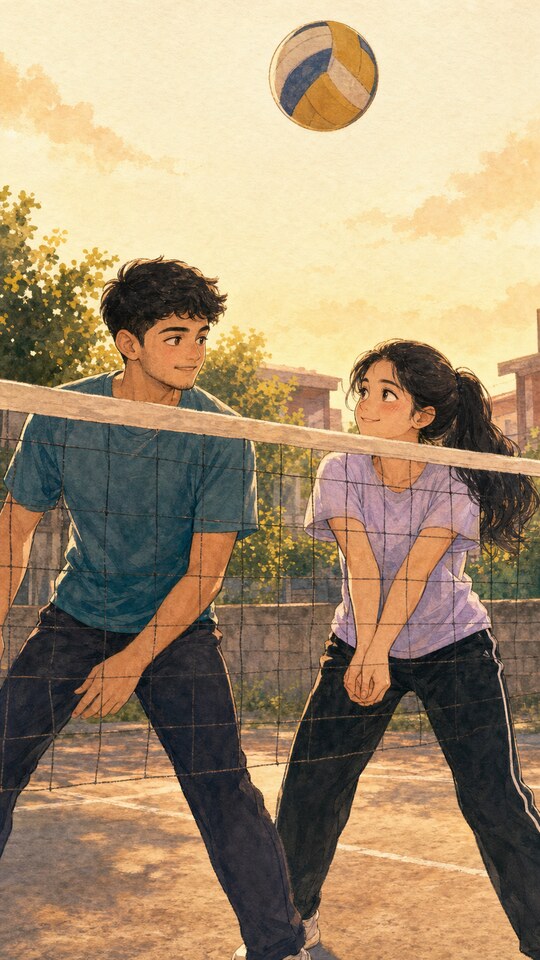 Illustrated couple meeting for the first time while playing volleyball.