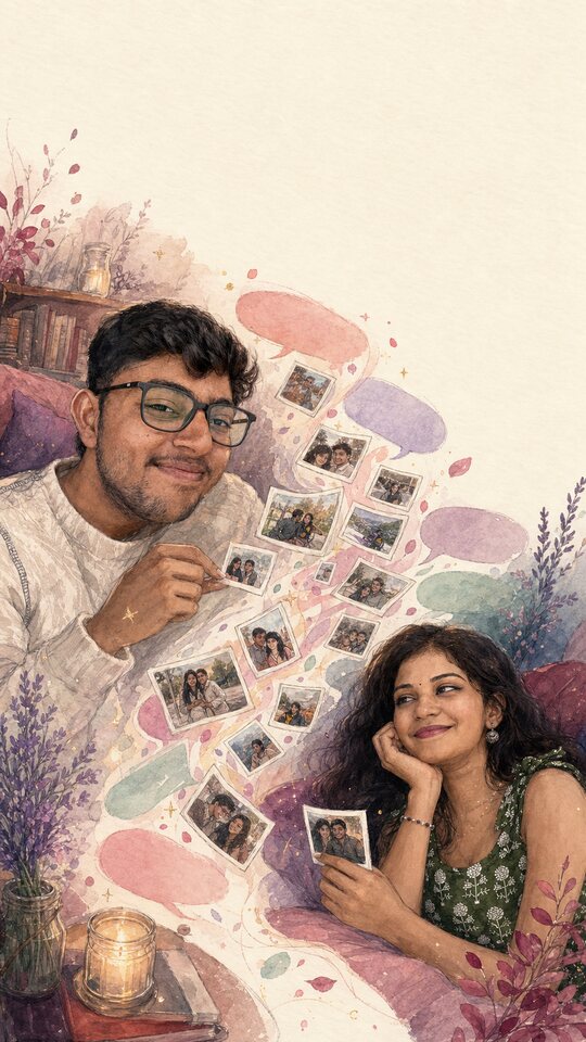 Illustrated friends sharing drifting photo memories across cozy spaces.