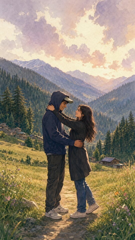 Illustrated couple reuniting on a meadow path in Shangarh, Himachal.