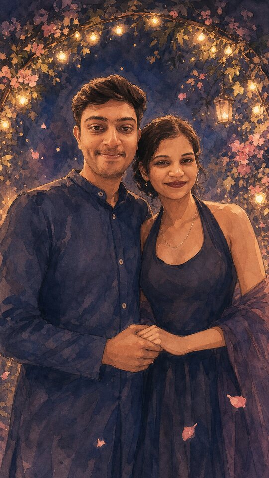 Illustrated couple holding hands beneath garden lights.