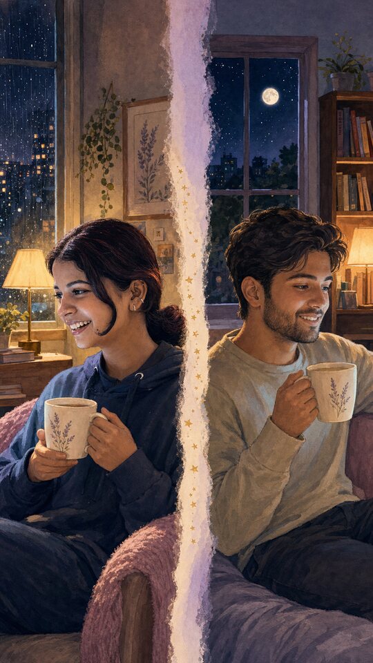 Illustrated couple sharing a warm long-distance call across two rooms.