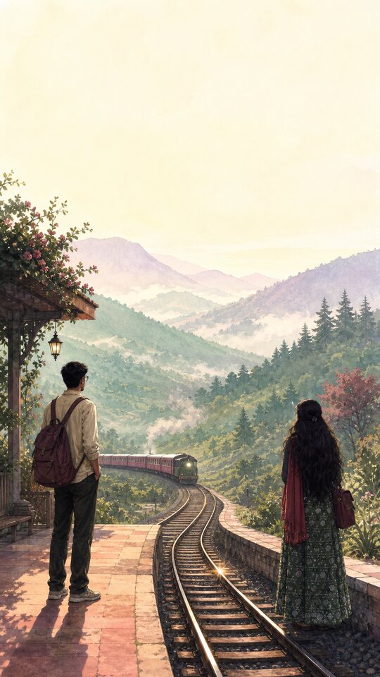 Illustrated travelers awaiting a train in a misty mountain valley.
