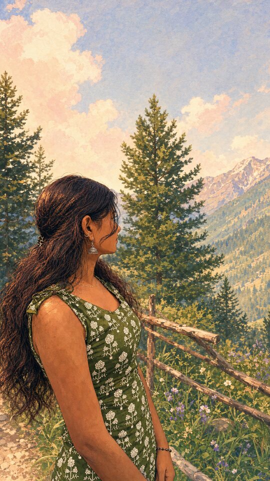 Hand-painted portrait of a woman in a green floral dress overlooking a mountain valley.